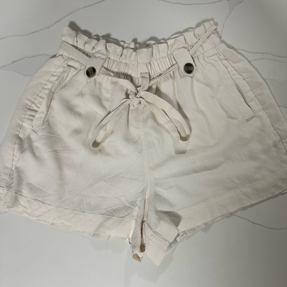 Cream High Waist Paper Bag Shorts
